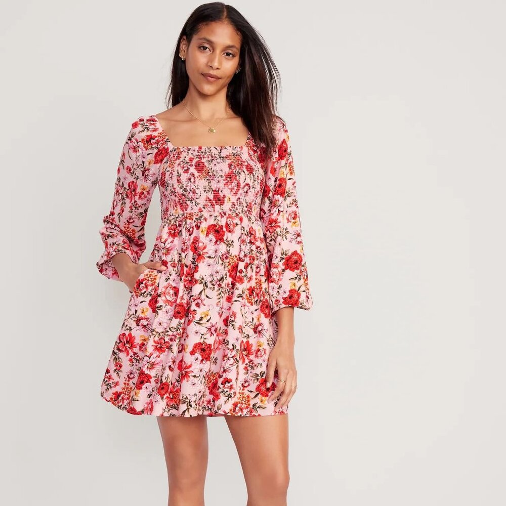 LIKE NEW Old Navy Fit & Flare Long-Sleeve Mini Dress Pink Floral Size Medium